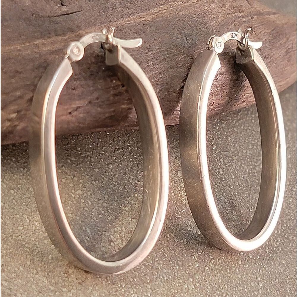 Sterling Oval Squared Edge Hoop Earrings 1 3/8"